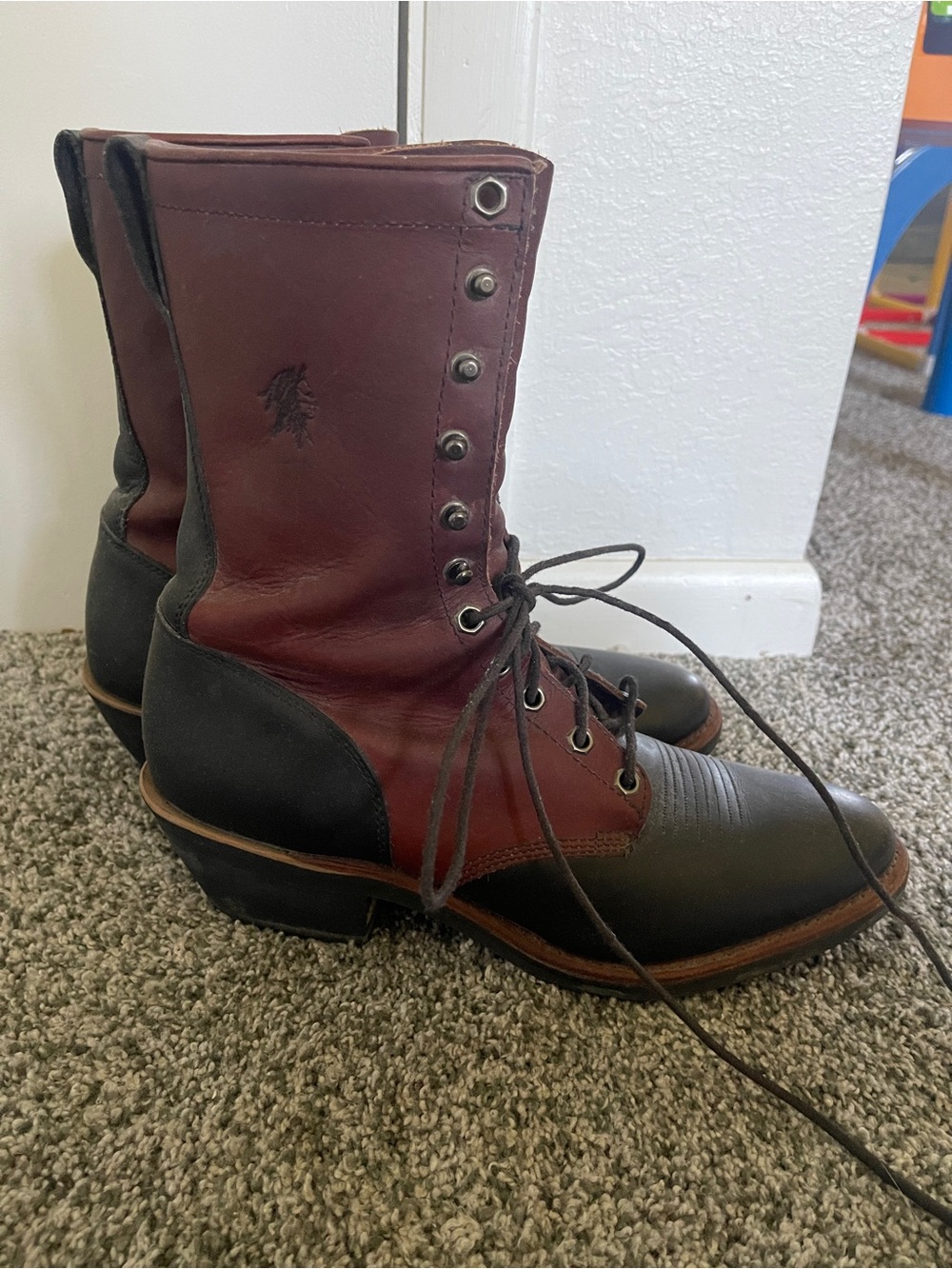 CHIPPEWA BOOT Packer Logger Work Boots Tone Red Black Leather Size 12